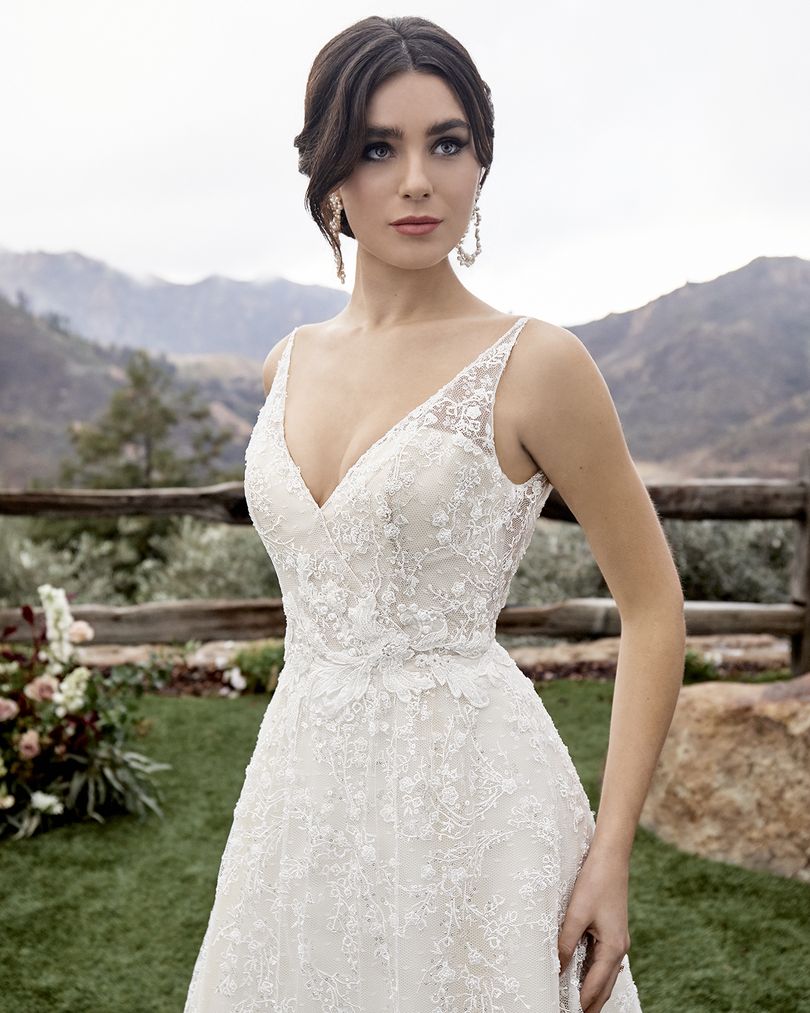 Nude beige/coffee sleeveless floral lace A-line wedding 