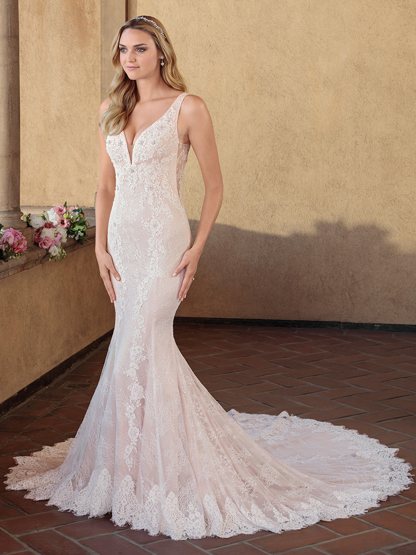 Casablanca Bridal Wedding Gown Style 2330 Chloe | Lace Fit and Flare Illusion Back Cathedral Train
